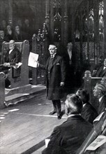 M. Asquith, premier ministre, présente à la Chambre des Communes de Londres,  le message du nouveau roi, George V, annonçant la mort d'Edouard VII (11 mai 1910)