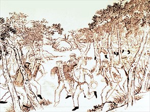 Révolte des Boxers.
Les Européens en fuite devant les Boxers,  imagerie populaire chinoise publiée dans le journal de Shanghaï "Toung-Ouen-Hou-Pao" (1900)