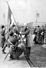 Guerre sino-russe.
Un colonel des Cosaques recevant à genoux le drapeau de son régiment, à Omsk (1900).