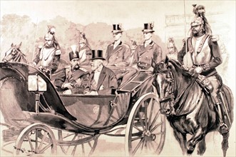 Le président Loubet accompagnant Mozaffer-ed-Dîn au palais des souverains (1900).