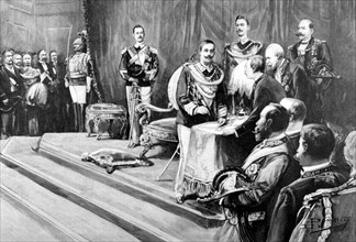 Le roi Victor-Emmanuel III signant à Rome la formule du serment (1900)