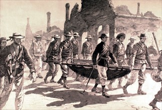 Révolte des Boxers.
Arrivée à Tien-Tsin des blessés de la colonne Seymour, en 1900.