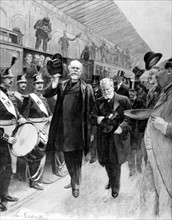 Arrivée à Paris d'Oscar II, roi de Suède et de Norvège , reçu par M. Loubet, président de la République, le 7 juillet 1900