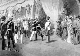 Arrivée de François-Joseph, empereur d'Autriche à la gare de Berlin, accueilli par Guillaume II et le prince impérial  (1900).