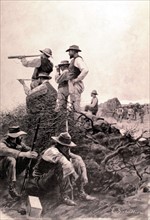 Guerre du Transvaal. 
Batterie d'artillerie protégeant la retraite des Boers (1900).