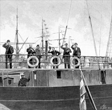 M. Andrée et ses compagnons sur le pont du "Virgo", lors de l'expédition Andrée au pôle Nord en 1896.