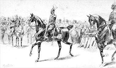 Le tsar de Russie Nicolas II, à la tête du régiment des grenadiers lors de la revue de Breslau en Silésie, en  1896