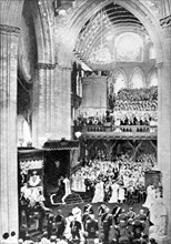 Coronation of King Haakon VII and Queen Maud of Norway in Trondhjem cathedral, 1906.
