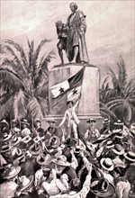 Manifestation devant la statue de Christophe Colomb, à Colon au Panama, pendant la révolution en 1903.
