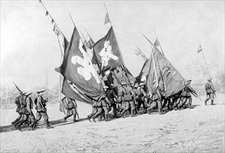 Révolte des Boxers.
Les troupes internationales rapportant de l'expédition de Peï-t'ang les drapeaux enlevés aux Chinois, en 1900.