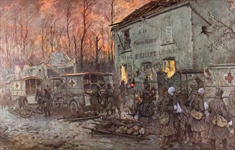 Première Guerre Mondiale. 
Evacuation de blessés dans un poste de secours (aquarelle de Georges Scott, 1918).
(Aquarelle de Georges Scott, 1918).
