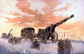 Première Guerre Mondiale. 
Convoi d'artillerie automobile (aquarelle de Georges Scott, 1918).