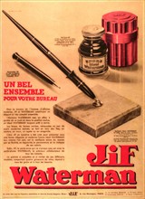 Publicité pour un nécessaire de bureau Jif et Waterman, en 1932.