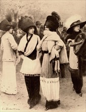 Fashionable dresses adorned with ermine pelts, 1910
