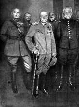Première Guerre Mondiale.
A Salonique, visite des généraux alliés, le général Mahon et le général Sarrail, au roi Pierre de Serbie, le 3 janvier 1916.