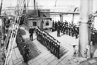 Military training of the Fascist youth aboard the school boat 'Asilo-Carraccioli', in Naples