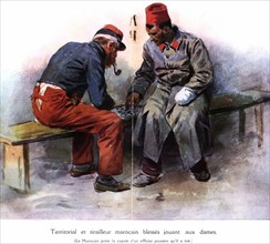 Territorial et tirailleur marocain blessés jouant aux dames (1915)