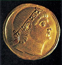 Golden coin representing Emperor Constantine