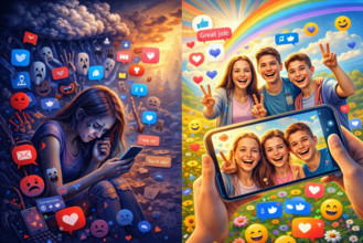Les effets positifs et négatifs des réseaux sociaux (image AI)