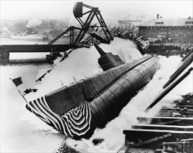 Lancement d'un sous-marin aux Etats-Unis, 1943-1944.
