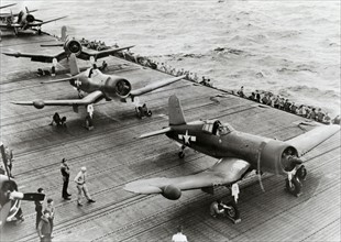 Vought F4U Corsair fighters on the aircraft carrier "Intrepid",1944-45.
