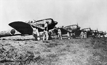 Japanese Nakajima Ki-43 IIa fighters on an airfield, 1943-44.