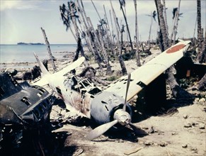 Chasseur japonais détruit sur une ile du Pacifique, IIème Guerre mondiale