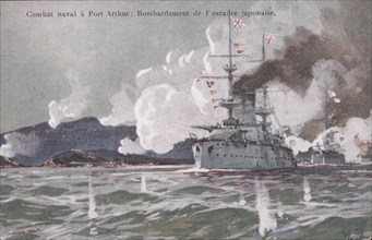 Guerre-Russo japonaise vers 1904-1905 : combat naval à Port Arthur : bombardement de l'escadre japonaise