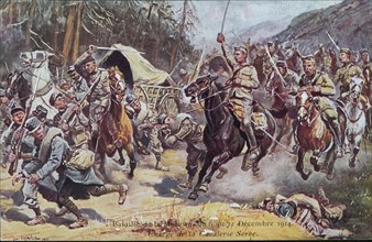 Bataille de la Motawa du 6 au 11 décembre 1914, charge de la cavalerie Serbe : cavaliers serbe attaquant un convoi autrichien
