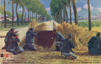 Belges défendant une route durant la première Guerre Mondiale