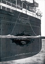 Dessin montrant l'impact produit par la première torpille allemande sur le Lusitania
