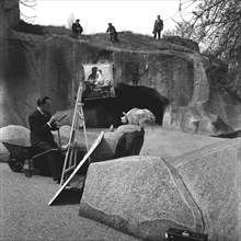 Dali at the Vincennes Zoo, copying the famous painting by Vermeer, near the rhinoceros named François (1955)