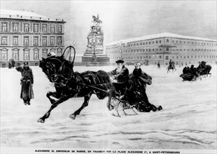 Alexander III in a sleigh at Alexander I Square in Saint Petersburg