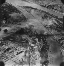 Korean war, July 1950, Pyongyang. Bridges and railroads bombed by American and British rapid deployment force.