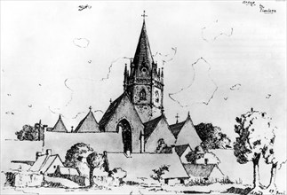 Drawing by Adolf Hitler: village in Flanders