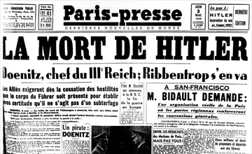 Une du journal "Paris-Presse" annonçant la mort de Hitler