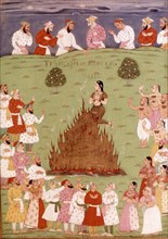 Indian miniature. Rajah's widow being burned alive on the pyre