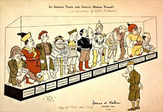 Satirical cartoon by Derso and Kelen. American attitude in front of delegates of the League of Nations