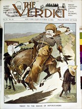 Satirical cartoon in 'The Verdict': Theodore Roosevelt, the cursed cow-boy (1899)
