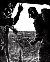 Caricature parue dans le "Daily Mail" : Massu et De Gaulle parachutés sur Paris
