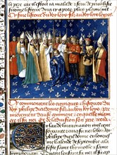 Miniature by Jean Fouquet. Chronicles of St. Denis. Corornation of Philip Augustus in the presence of the Duke of Normandy
