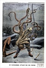 A deep-sea diver attacked by an octopus