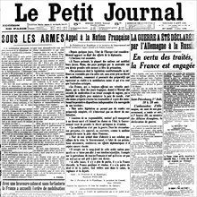 Headline announcing the beginning of the war in the French newspaper 'Le Petit Journal'