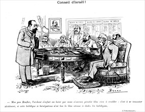 Anti Semitic caricature: Rouvier talking with a supposed 'Council of Israel' which criticizes his policy