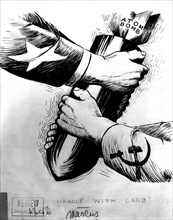 Caricature about the United States and the USSR fighting over the atomic bomb