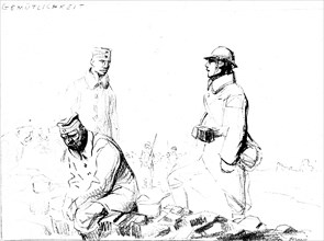 Caricature by Jean-Louis Forain (1852-1931) in "From the Marne to the Rhine", drawings from the war years "- Are you impressed by our huge forces that fire on Paris? / , Keep talking... Not a cradle w...