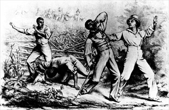 Affiche montrant un noir fugitif poursuivi par des blancs "chercheurs" d'esclaves, armées
