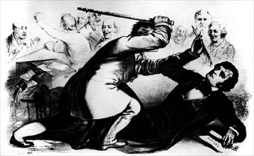 Lithographie montrant le représentant de la Caroline du Sud, Pestons Brook, luttant contre le sénateur Charles Sumner, du Massachusetts, pour son discours attaquant les forces pro-esclavagistes