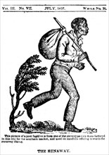 The Runaway. Wooden engraving used on handbills offering rewards to those who found fugitive slaves
