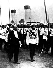 French president Raymond Poincare's visit to Russia. Poincare, accompanied by Nicholas II, inspects the marines in the Krondstadt Guard.